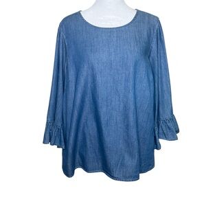 CeCe Denim Blouse Blue L Chambray Ruffle Bell Sleeve Casual Boho 100% Cotton Top